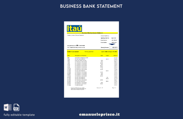 stile verificato Estratto conto aziendale Bank Itaú Modello Word e PDF